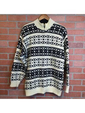 Vintage Naf Naf Wool Blend Nordic Sweater Black White Zip Mock Neck France